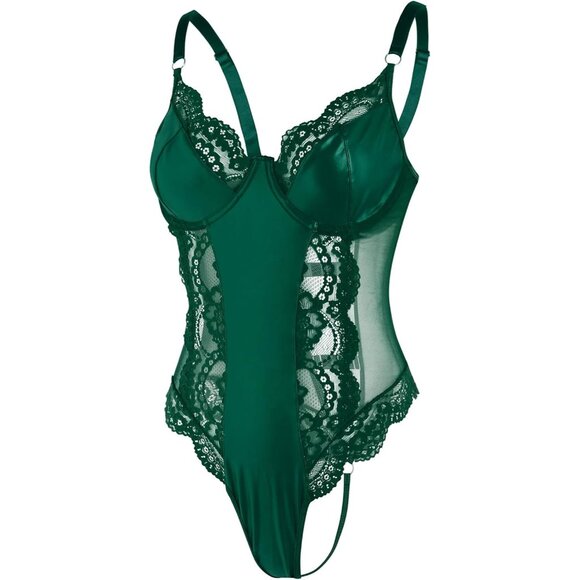 Women Green Bodysuit Bustier Top One Piece Floral Lace Sheer Corset Lingerie - Picture 5 of 6